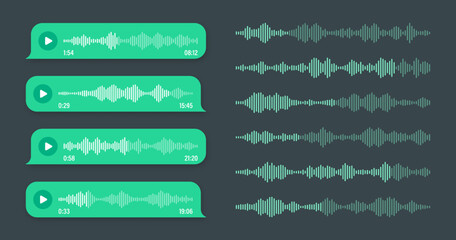 Obraz premium Voice, audio message, green speech bubble. SMS text frame. Social media chat or messaging app conversation. Voice assistant, recorder. Sound wave pattern. Dark mode. Vector illustration