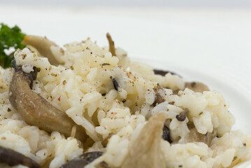 Plate of mushroom risotto, garnished with Oyster mushrooms Pleurotus ostreatus .