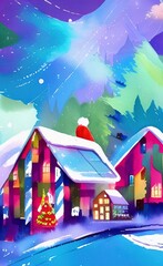 Obraz premium Digital watercolor painting winter snowy landscape, cold weather and northern nature, scenic illustration. Christmas mood. Print for canvas, card, greeting or textile decoration. Art background.