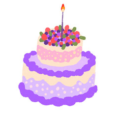 Sweet cute birthday purple cake with a lot of berry and candle for party celebration
