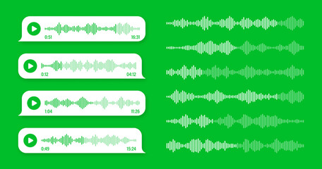 Obraz premium Voice, audio message, green speech bubble. SMS text frame. Social media chat or messaging app conversation. Voice assistant, recorder. Sound wave pattern. Vector illustration