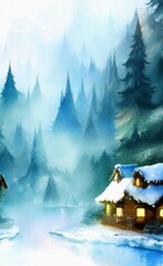 Digital watercolor painting winter snowy landscape, cold weather and northern nature, scenic illustration. Christmas mood. Print for canvas, card, greeting or textile decoration. Art background.