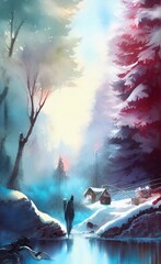 Digital watercolor painting winter snowy landscape, cold weather and northern nature, scenic illustration. Christmas mood. Print for canvas, card, greeting or textile decoration. Art background.