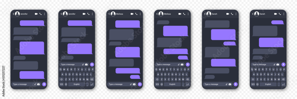 Wall mural messaging app design, user interface. blank sms text frame. conversation chat screen with violet mes