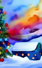 Naklejka premium Digital watercolor painting winter snowy landscape, cold weather and northern nature, scenic illustration. Christmas mood. Print for canvas, card, greeting or textile decoration. Art background.