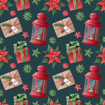 Christmas seamless pattern with gifts, lantern, poinsettia on a green background. Festive texture for wrapping paper, scrapbooking, fabric, wallpaper