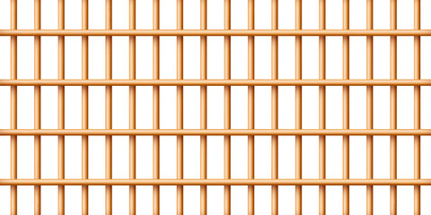 Realistic wooden lattice, rural picket fence. Farm or village house boundary, garden enclosing planks. Detailed wooden jail cage. Criminal background mockup. Creative vector illustration
