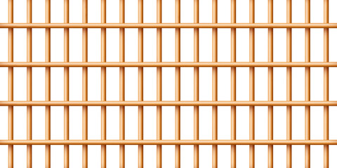 Realistic wooden lattice, rural picket fence. Farm or village house boundary, garden enclosing planks. Detailed wooden jail cage. Criminal background mockup. Creative vector illustration