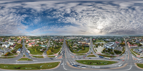 aerial full seamless spherical hdri 360 panorama view above road junction with traffic in...