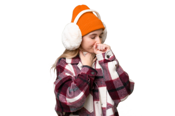 Young  English woman wearing winter muffs over isolated background is suffering with cough and feeling bad