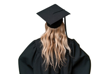 Young university English graduate woman over isolated background in back position