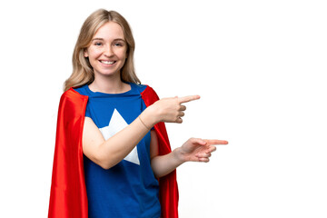 Super Hero English woman over isolated background pointing finger to the side and presenting a product