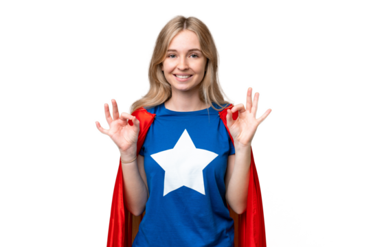 Super Hero English woman over isolated background showing an ok sign with fingers - Powered by Adobe