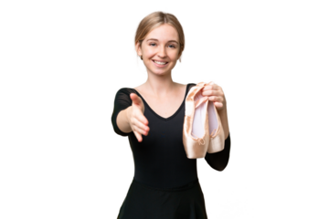 Young English woman practicing ballet over isolated background shaking hands for closing a good deal