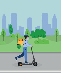 Guy courier on electric scooter, online delivery, online order tracking, home and office delivery. Modern lifestyle, technology. Eco transport for urban lifestyle. can be rented for a fast ride.