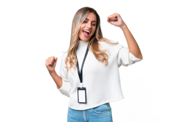 Young Uruguayan woman with ID card over isolated background celebrating a victory