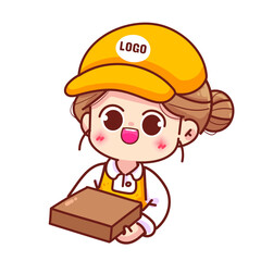 Delivery cute girl holding cardboard box food delivery shipping logo hand draw vector illustration
