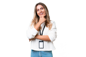 Young Uruguayan woman with ID card over isolated background happy and smiling