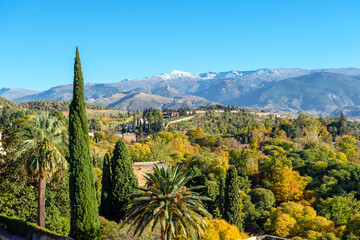 Fototapeta na wymiar Green gardens of Alhambra on mountains peak covered by snow in Granada, Spain on November 26, 2022