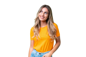 Young Uruguayan woman over isolated background thinking an idea while looking up