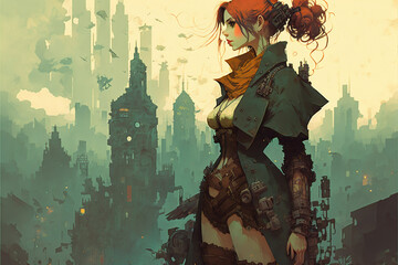 Steampunk Girl, Character Design, Concept Art, Digital Illustration, Cyberpunk Style City, anime girl