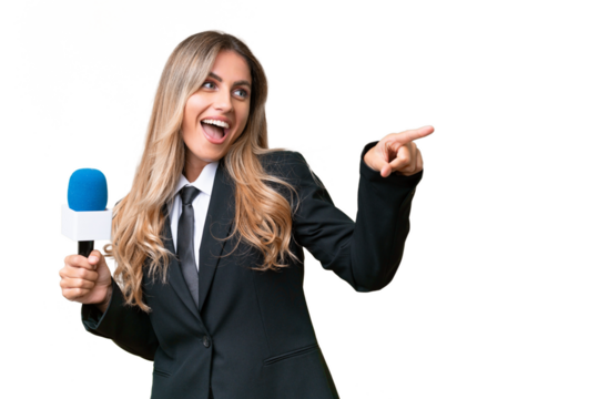 Young pretty Uruguayan tv presenter over isolated background pointing finger to the side and presenting a product