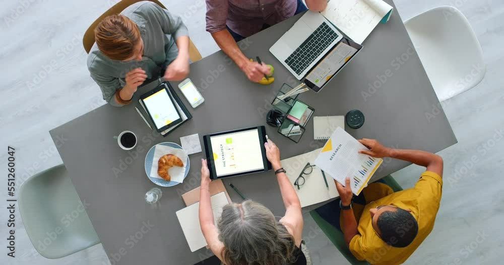 Poster collaboration, team and working in office top view for marketing proposal preparation together. plan