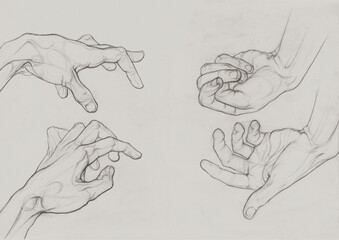 Hands, palm and fingers. Classic academic pencil drawing on paper. Sketches set in different positions. Hand drawn illustration in large resolution.