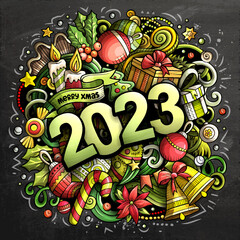 2023 doodles illustration. New Year objects and elements poster