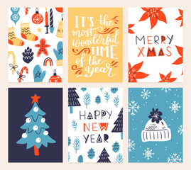 Vector collection of Christmas poster templates. New year 2023 set of christmas greeting cards. Bright colors. presents and hand written lettering for your invitation and design.
