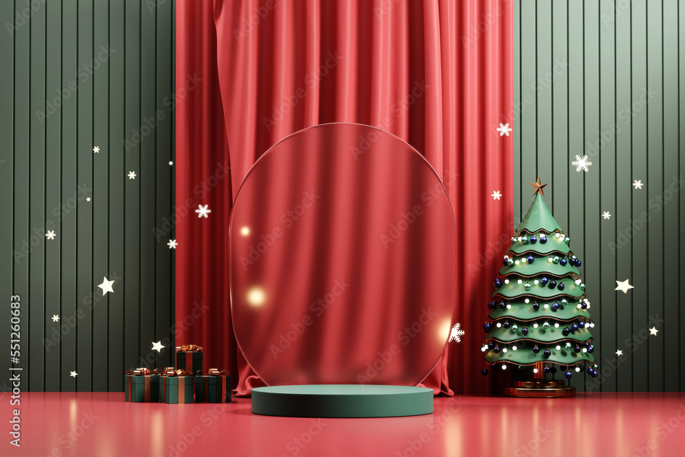 Poster merry christmas event product display podium with decoration background 3d rendering