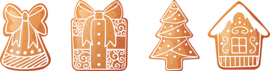 Christmas gingerbread set: a house, a Christmas tree, a bell, a gift with beautiful patterns of sweet icing. Holiday cookies on an isolated background. vector icon