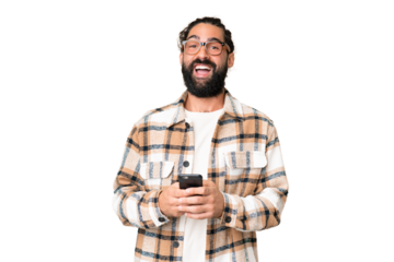 Young man with beard over isolated chroma key background surprised and sending a message
