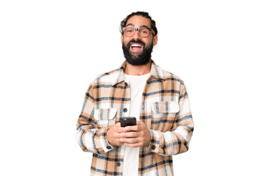 Young man with beard over isolated chroma key background surprised and sending a message