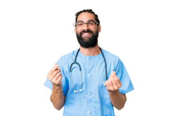 Young doctor man over isolated chroma key background making money gesture