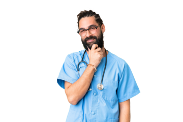Young doctor man over isolated chroma key background with glasses and smiling