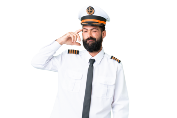 Airplane caucasian pilot man over isolated chroma key background having doubts and with confuse face expression