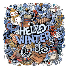Hello Winter hand drawn doodles colorful vector illustration.
