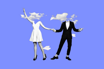 Creative photo 3d collage artwork postcard poster of weird strange unknown people without heads dancing sky isolated on painting background