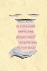 Creative abstract collage template graphics image of arms catching falling book letters isolated drawing background