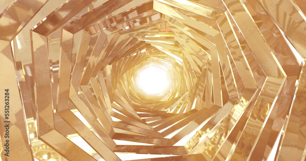 Poster a rotating golden metal tunnel with walls of ribs and lines in the shape of a hexagon with reflectio
