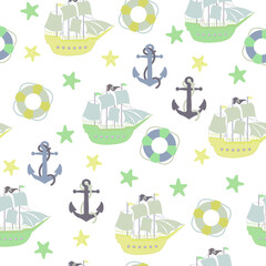 Vector seamless pattern with ship, anchor, lifebuoy.Underwater cartoon creatures.Marine background.Cute ocean pattern for fabric, childrens clothing,textiles,wrapping paper