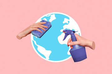 Creative 3d photo collage artwork graphics painting of arm wiping mini miniature world isolated drawing background