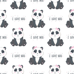 Cute Little Panda Bear with Hearts and dots Vector Illustration for Kids. Love Seamless Childish Pattern with Kawaii Baby Animals.