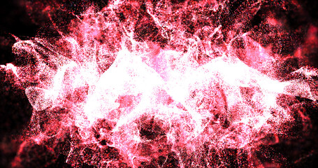 Abstract background of red moving flying small particles waves of smoke with the effect of glow and blur of an exploding sphere. Screensaver beautiful