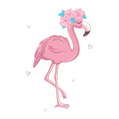 Hand Drawn Cute Flamingo and heart Vector Illustration.