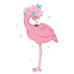 Hand Drawn Cute Flamingo and heart Vector Illustration.