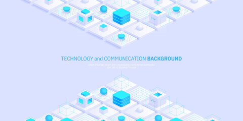 Futuristic abstract technology and communication network background. Conveying connectivity, complexity and data flood. Vector isometric technology connection digital data and big data concept.