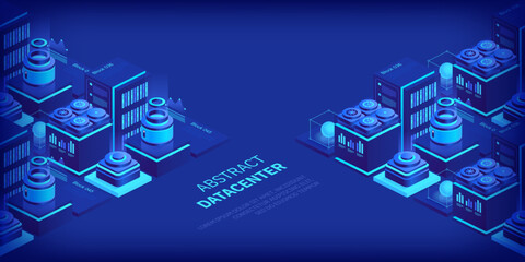 Hosting server isometric vector illustration. Abstract 3d datacenter or blockchain background. Network mainframe infrastructure website header layout. Computer storage or farming workstation.