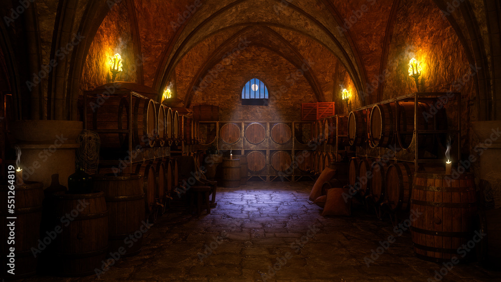 Poster dark moody medieval inn cellar with barrels of wine and ale lit by candles and fire torches on the w